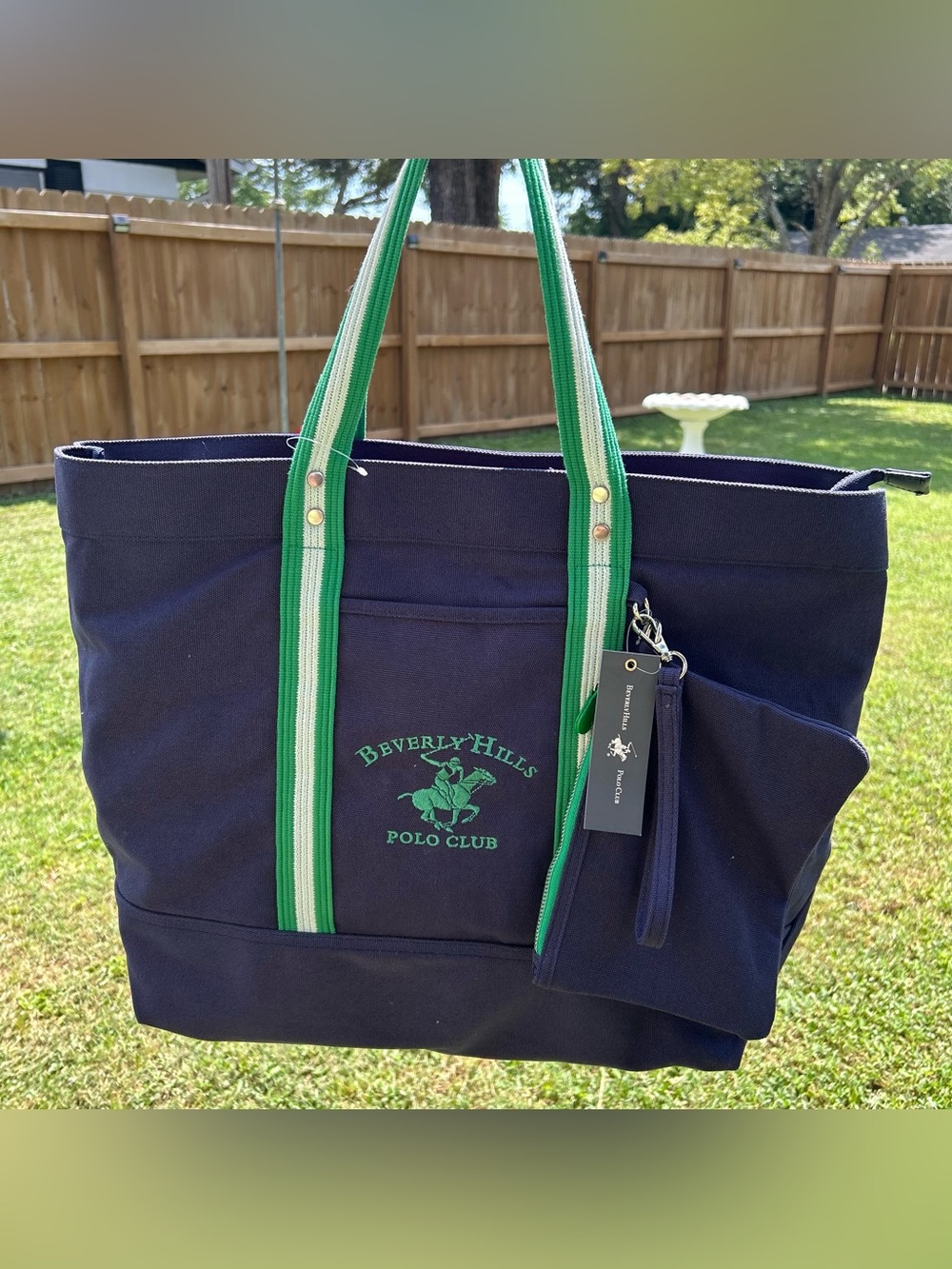 NWT Beverly Hills Polo Club Navy Canvas Tote with Green Striped Handles